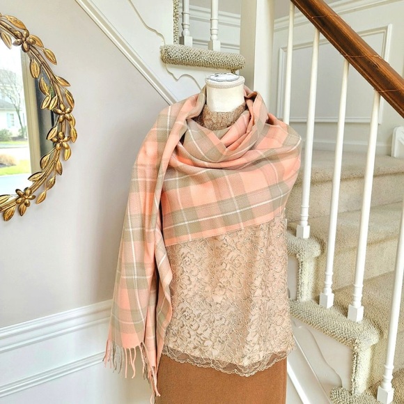 J CREW TASSLE SCARF PEACH TAN PLAID TARTAN NWT